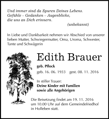 Traueranzeige von Edith Brauer von Mitteldeutsche Zeitung Halle/Saalkreis