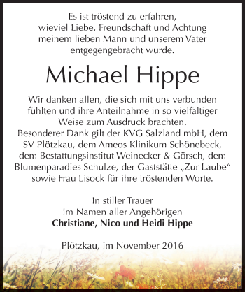 Traueranzeige von Michael Hippe von Mitteldeutsche Zeitung Bernburg