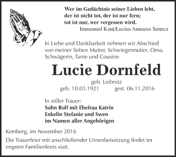 Traueranzeige von Lucie Dornfeld von WVG - Wochenspiegel Wittenberg