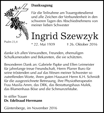 Traueranzeige von Ingrid Szewzyk von Mitteldeutsche Zeitung Quedlinburg