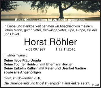 Traueranzeige von Horst Röhler von Mitteldeutsche Zeitung Zeitz