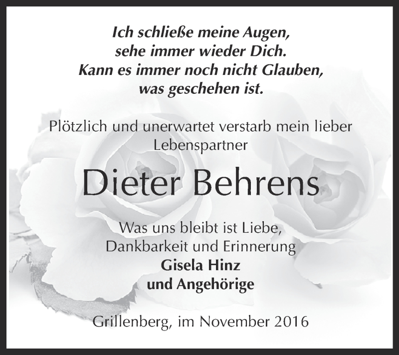  Traueranzeige für Dieter Behrens vom 12.11.2016 aus Super Sonntag SGH Mansf. Land