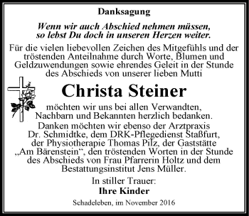 Traueranzeige von Christa Steiner von Mitteldeutsche Zeitung Aschersleben