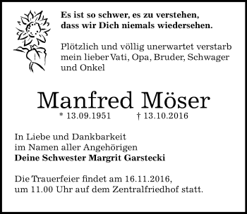 Traueranzeige von Manfred Möser von Mitteldeutsche Zeitung Dessau-Roßlau