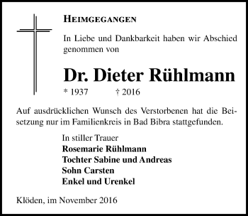 Traueranzeige von Dieter Rühlmann von Mitteldeutsche Zeitung Wittenberg