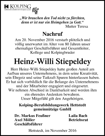 Traueranzeige von Heinz-Willi Stiepeldey von Mitteldeutsche Zeitung Mansfelder Land