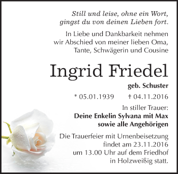 Traueranzeige von Ingrid Friedel von Mitteldeutsche Zeitung Bitterfeld
