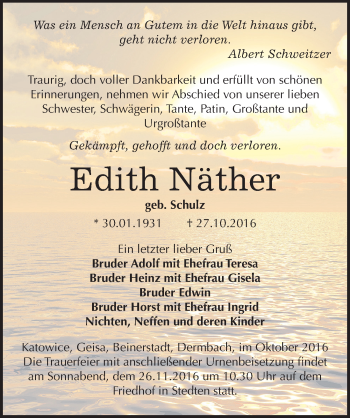 Traueranzeige von Edith Näther von Mitteldeutsche Zeitung Mansfelder Land