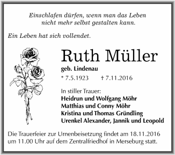 Traueranzeige von Ruth Müller von WVG - Wochenspiegel Merseburg