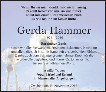 Traueranzeige von Gerda Hammer von Mitteldeutsche Zeitung Halle/Saalkreis