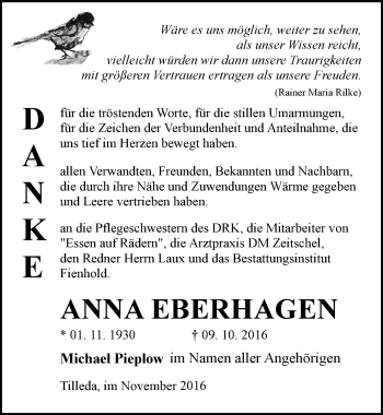 Traueranzeige von Anna Eberhagen von Mitteldeutsche Zeitung Sangerhausen