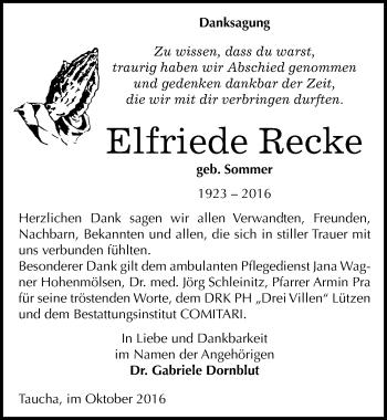 Traueranzeige von Elfriede Recke von Mitteldeutsche Zeitung Weißenfels