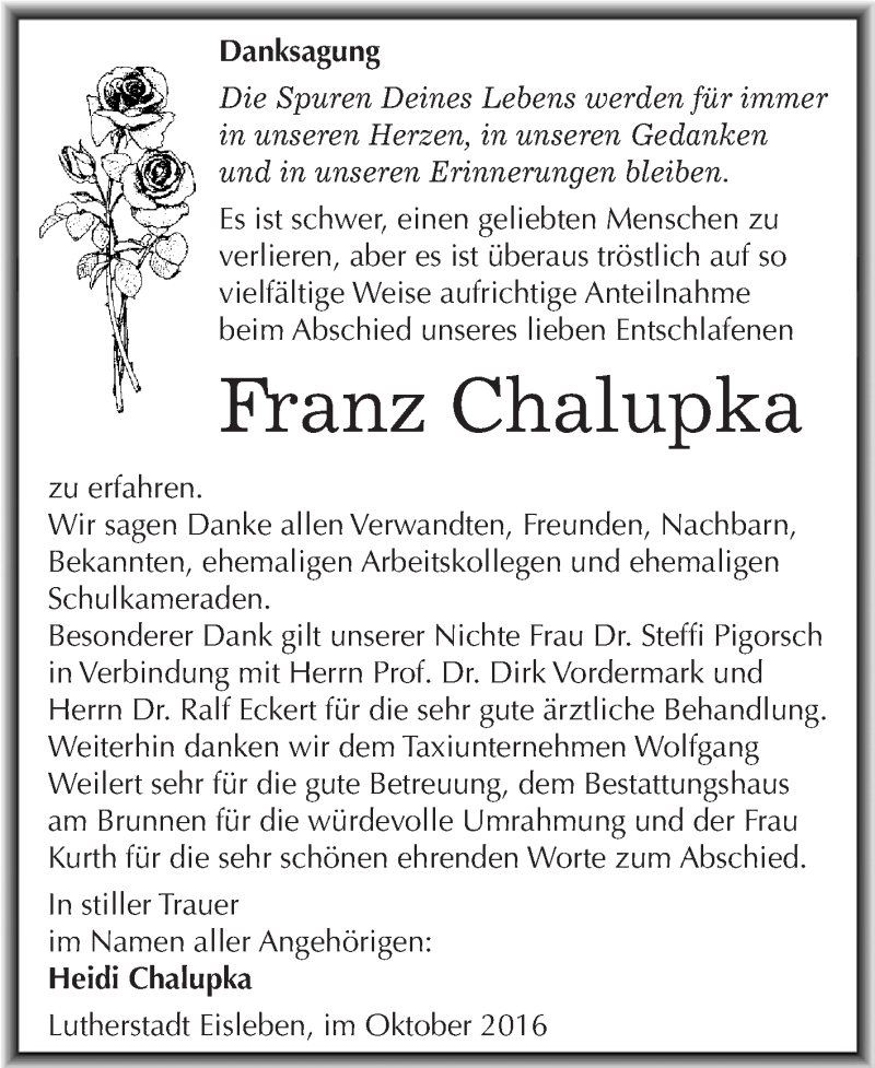  Traueranzeige für Franz Chalupka vom 02.11.2016 aus Wochenspiegel Mansfelder Land