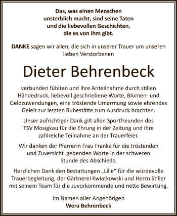 Traueranzeige von Dieter Behrenbeck von WVG - Wochenspiegel Dessau / Köthen