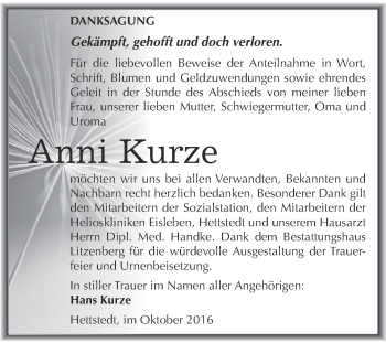 Traueranzeige von Anni Kurze von Wochenspiegel Mansfelder Land