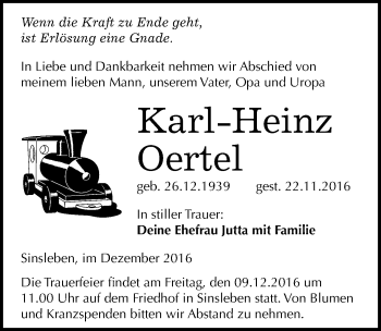Traueranzeige von Karl-Heinz Oertel von Mitteldeutsche Zeitung Aschersleben
