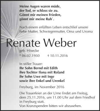 Traueranzeige von Renate Weber von WVG - Wochenspiegel NMB / WSF / ZTZ