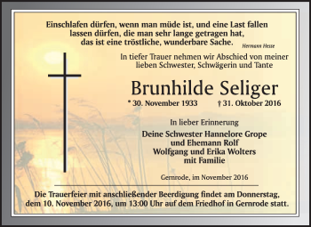 Traueranzeige von Brunhilde Seliger von WVG - Wochenspiegel Quedlinburg