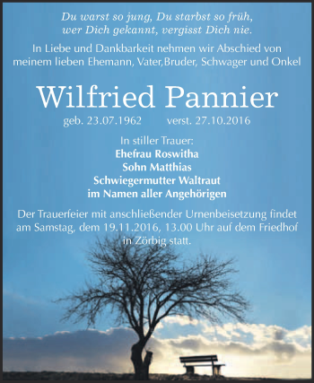 Traueranzeige von Wilfried Pannier von WVG - Wochenspiegel Bitterfeld