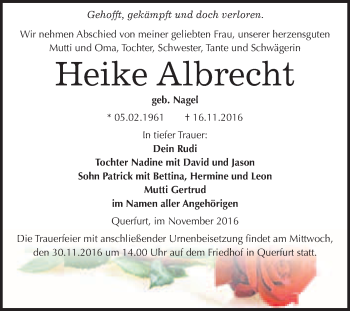 Traueranzeige von Heike Albrecht von WVG - Wochenspiegel Merseburg