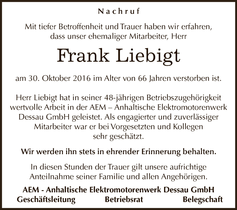  Traueranzeige für Frank Liebigt vom 19.11.2016 aus WVG - Wochenspiegel Dessau / Köthen