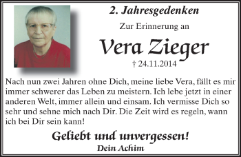 Traueranzeige von Vera Zieger von Mitteldeutsche Zeitung Dessau-Roßlau
