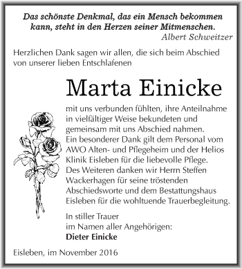 Traueranzeige von Marta Einicke von Wochenspiegel Mansfelder Land