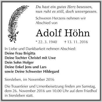 Traueranzeige von Adolf Höhn von Super Sonntag SGH Mansf. Land