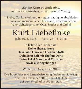Traueranzeige von Kurt Liebefinke von Mitteldeutsche Zeitung Köthen