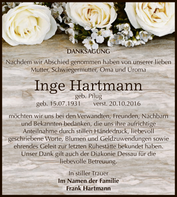 Traueranzeige von Inge Hartmann von WVG - Wochenspiegel Dessau / Köthen
