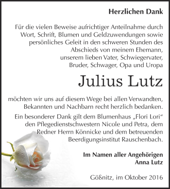 Traueranzeige von Julius Lutz von WVG - Wochenspiegel NMB / WSF / ZTZ
