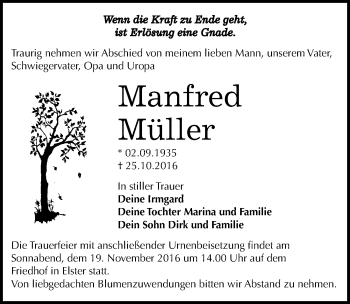 Traueranzeige von Manfred Müller von Mitteldeutsche Zeitung Wittenberg