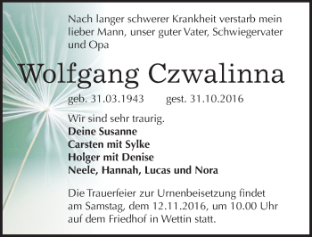Traueranzeige von Wolfgang Czwalinna von Mitteldeutsche Zeitung Halle/Saalkreis