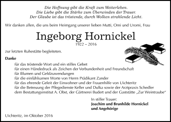Traueranzeige von Ingeborg Hornickel von Mitteldeutsche Zeitung Weißenfels