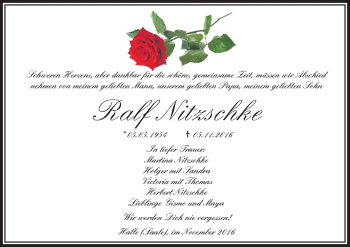 Traueranzeige von Ralf Nitzschke von Mitteldeutsche Zeitung Halle/Saalkreis