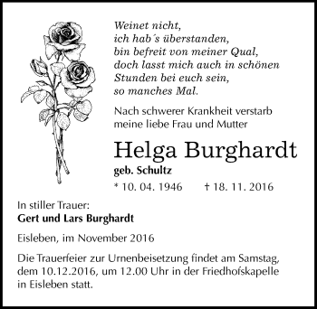 Traueranzeige von Helga Burghardt von Mitteldeutsche Zeitung Mansfelder Land