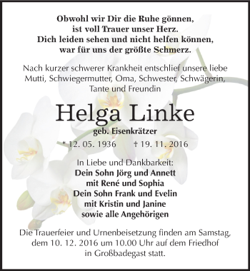 Traueranzeige von Helga Linke von Mitteldeutsche Zeitung Köthen