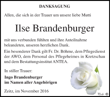 Traueranzeige von Ilse Brandenburger von Super Sonntag Zeitz