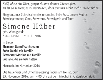 Traueranzeige von Simone Hüber von Super Sonntag SGH Mansf. Land