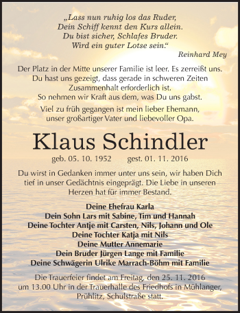 Traueranzeige von Klaus Schindler von Mitteldeutsche Zeitung Wittenberg