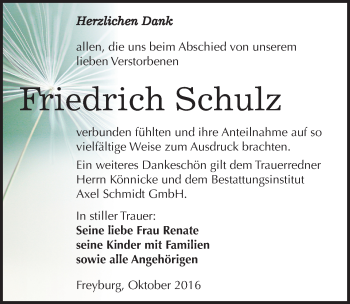 Traueranzeige von Friedrich Schulz von Mitteldeutsche Zeitung Naumburg/Nebra