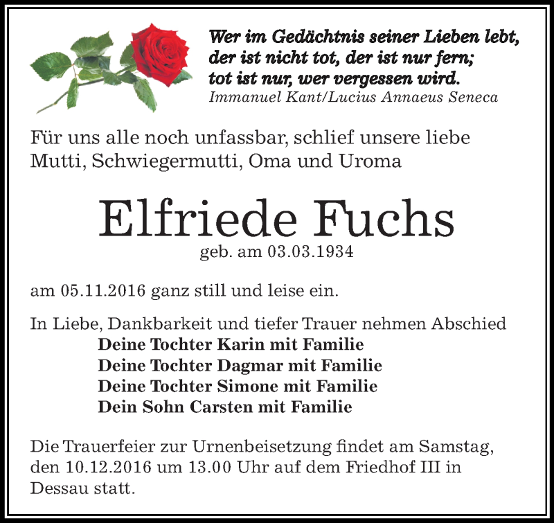  Traueranzeige für Elfriede Fuchs vom 26.11.2016 aus WVG - Wochenspiegel Bitterfeld
