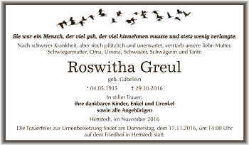Traueranzeige von Roswitha Greul von Super Sonntag SGH Mansf. Land