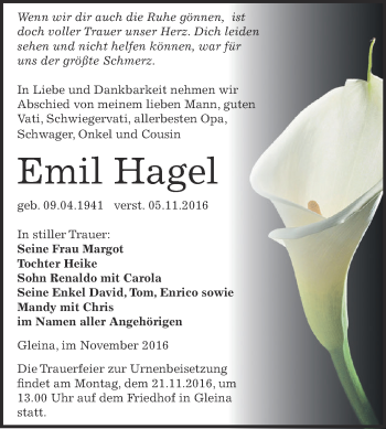 Traueranzeige von Emil Hagel von WVG - Wochenspiegel NMB / WSF / ZTZ