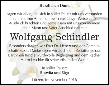 Traueranzeige von Wolfgang Schindler von WVG - Wochenspiegel NMB / WSF / ZTZ