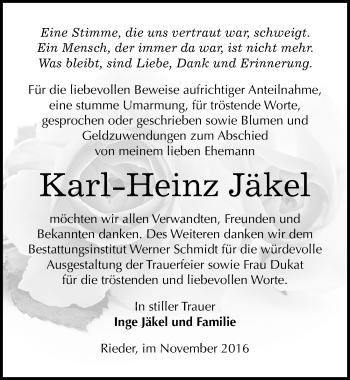 Traueranzeige von Karl Heinz Jäkel von Mitteldeutsche Zeitung Quedlinburg