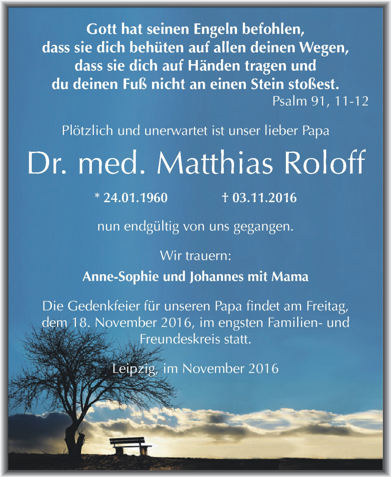  Traueranzeige für Matthias Roloff vom 16.11.2016 aus Wochenspiegel Mansfelder Land