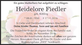 Traueranzeige von Heidelore Fiedler von Super Sonntag SGH Mansf. Land