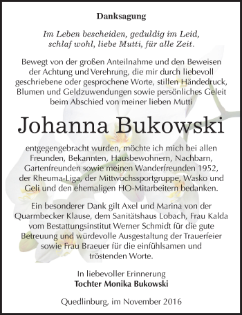 Traueranzeige von Johanna Bukowski von Mitteldeutsche Zeitung Quedlinburg