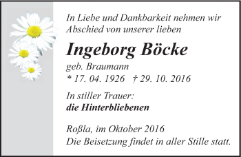 Traueranzeige von Ingeborg Böcke von Mitteldeutsche Zeitung Sangerhausen